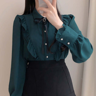 Preppy Style Pearl Buckle Bow Ruffled Collar Shirt eprolo