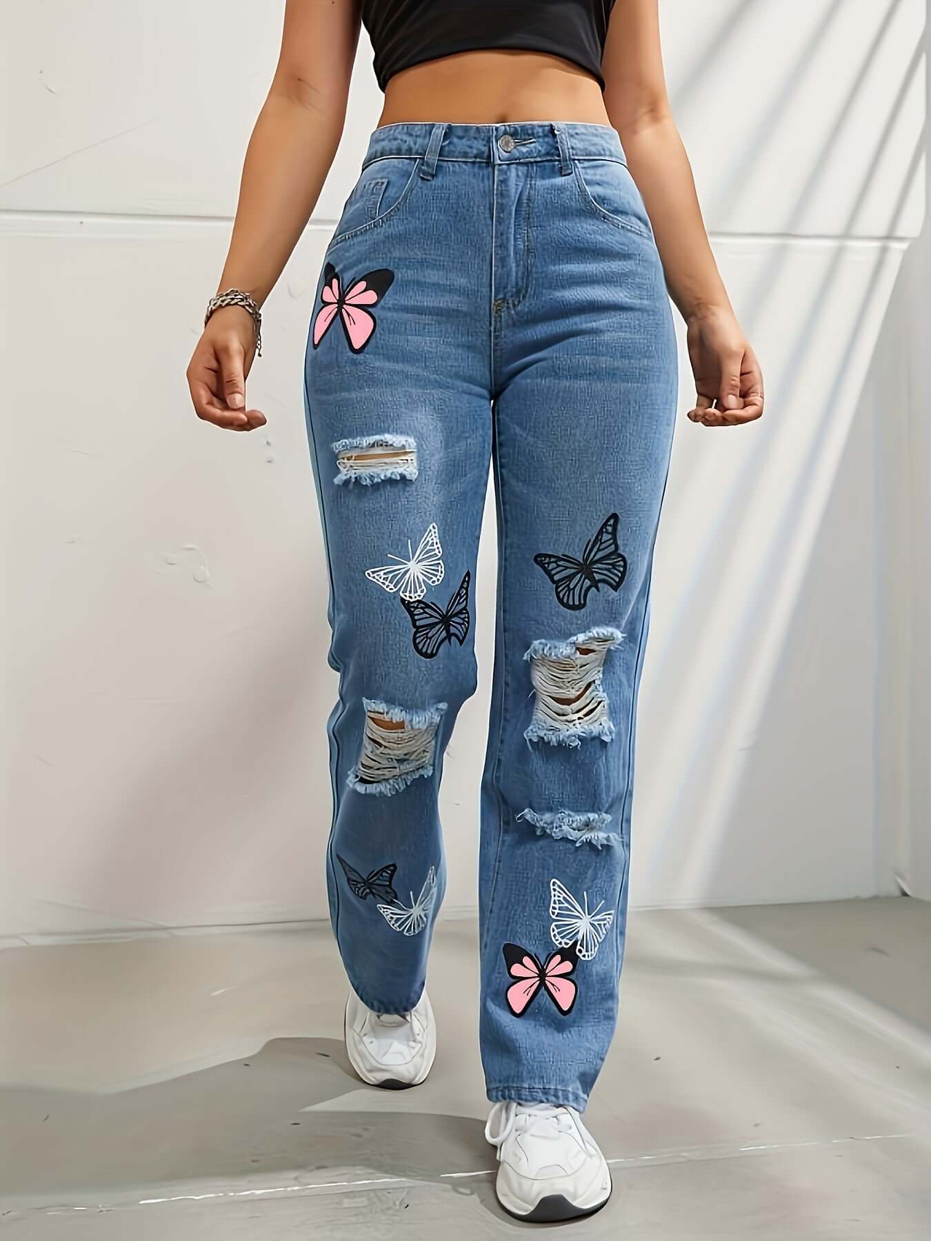 High Waisted Straight Leg Jeans For Women Trendy Butterfly Print Ripped Distressed Denim Pants Dropshipman