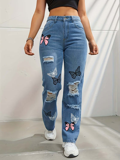High Waisted Straight Leg Jeans For Women Trendy Butterfly Print Ripped Distressed Denim Pants Dropshipman