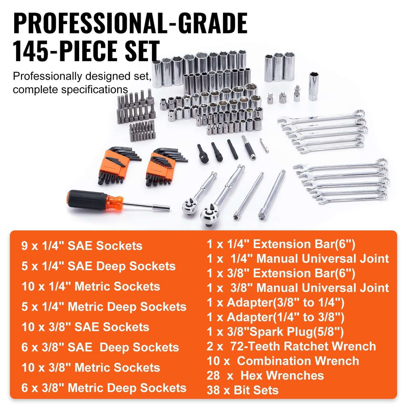 VEVOR 145-piece mechanics tool and socket set with SAE and metric sizes