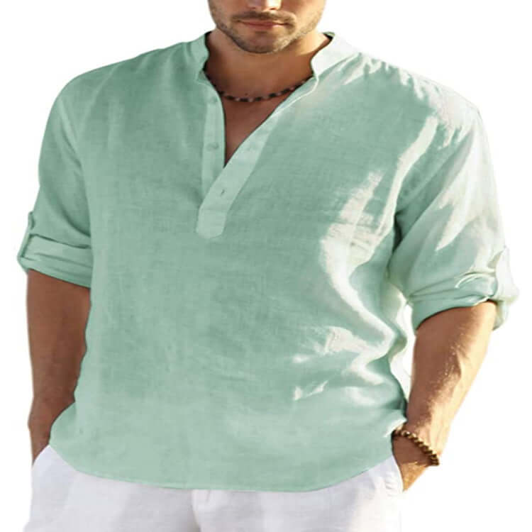 Men's Casual Cotton Linen Solid Color Long Sleeve Shirt Loose Stand Collar Astrazona