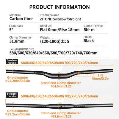 TOSEEK Carbon Fiber MTB Handlebar, 31.8mm, One-piece, Swallow-shaped - Ideal for Mountain Bikes eprolo