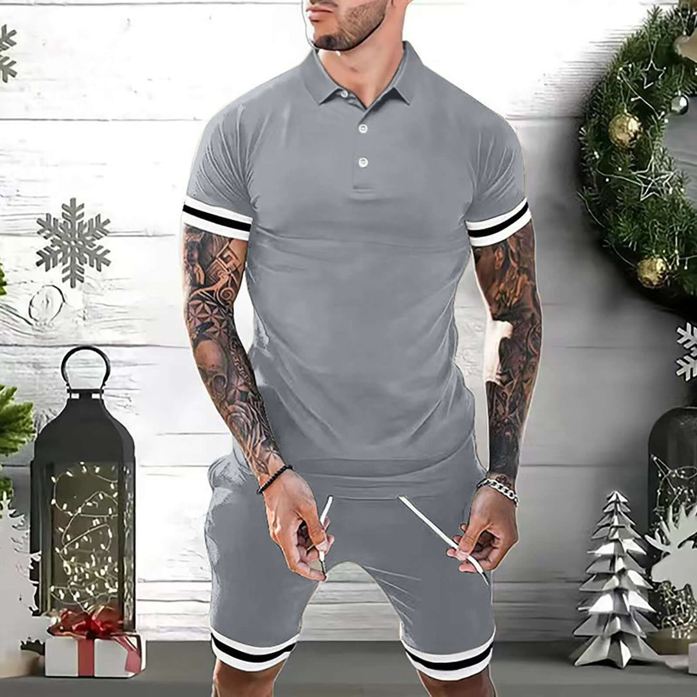 Men's gray polo and shorts set, casual summer outfit perfect for gym, travel, and streetwear.