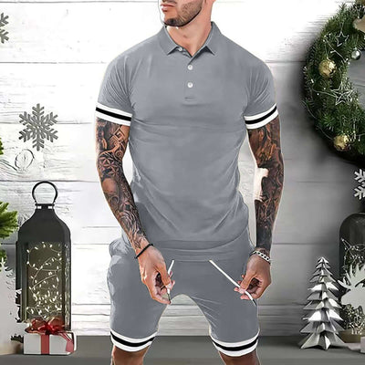 Men's gray polo and shorts set, casual summer outfit perfect for gym, travel, and streetwear.