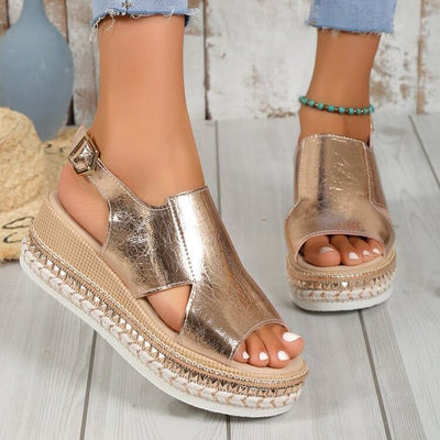 Summer Shiny Sandals Hollow Design Fish Mouth Sandal For Women Fashion Buckle Wedges Shoes eprolo