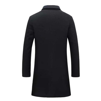 Back view of a men's woolen mid-length trench coat in black, featuring a straight hem and British style design.