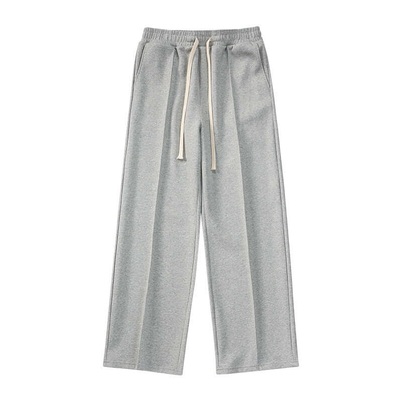 Wide-leg straight pants with pleat stitching in light gray, featuring an elastic waistband and drawstring.