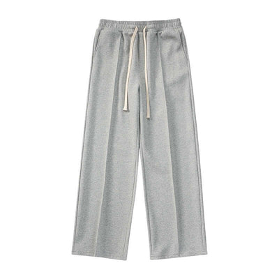 Wide-leg straight pants with pleat stitching in light gray, featuring an elastic waistband and drawstring.