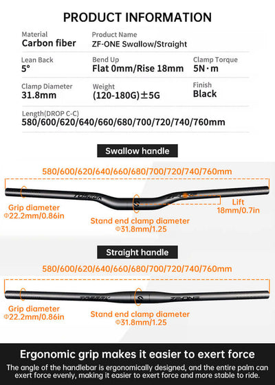 TOSEEK Carbon Fiber MTB Handlebar, 31.8mm, One-piece, Swallow-shaped - Ideal for Mountain Bikes eprolo