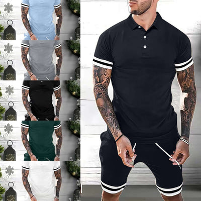 Men's summer short set featuring polo shirts and shorts in various colors, perfect for casual and athletic wear.
