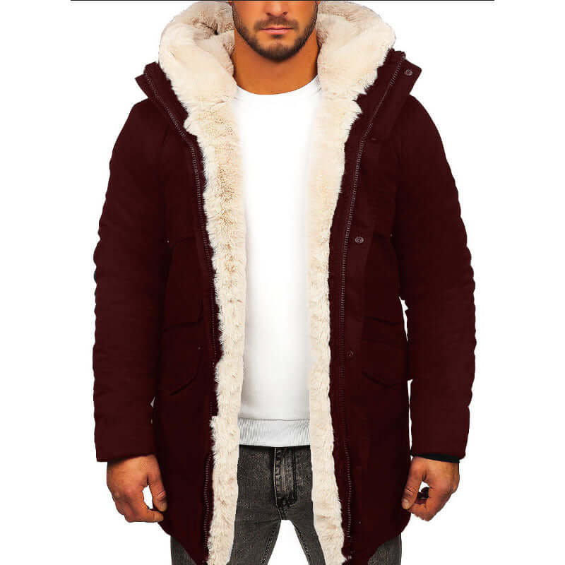 Thick faux fur hooded jacket in wine red color, featuring a mid-length design, perfect for leisure and cold weather.