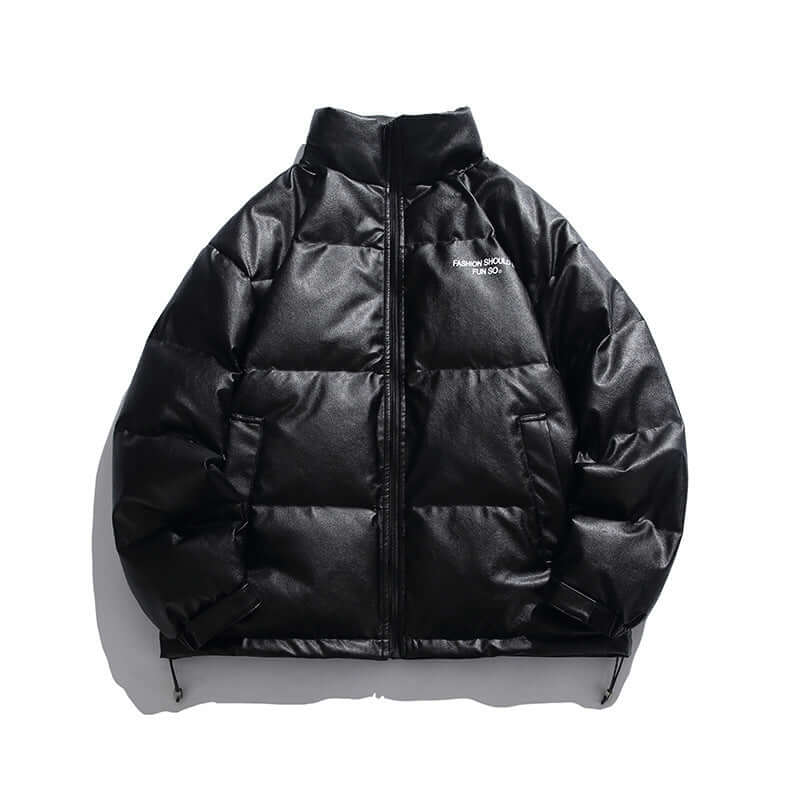 Black stand-up collar down jacket for men, featuring a stylish puffy design.