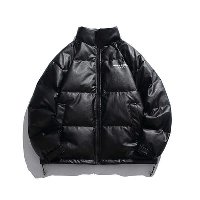 Black stand-up collar down jacket for men, featuring a stylish puffy design.