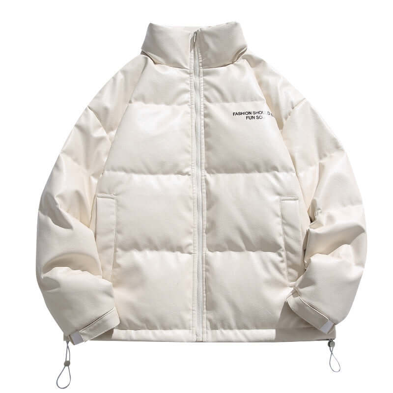 White duck down stand-up collar jacket for men, thick fleece lining, stylish and trendy outerwear.