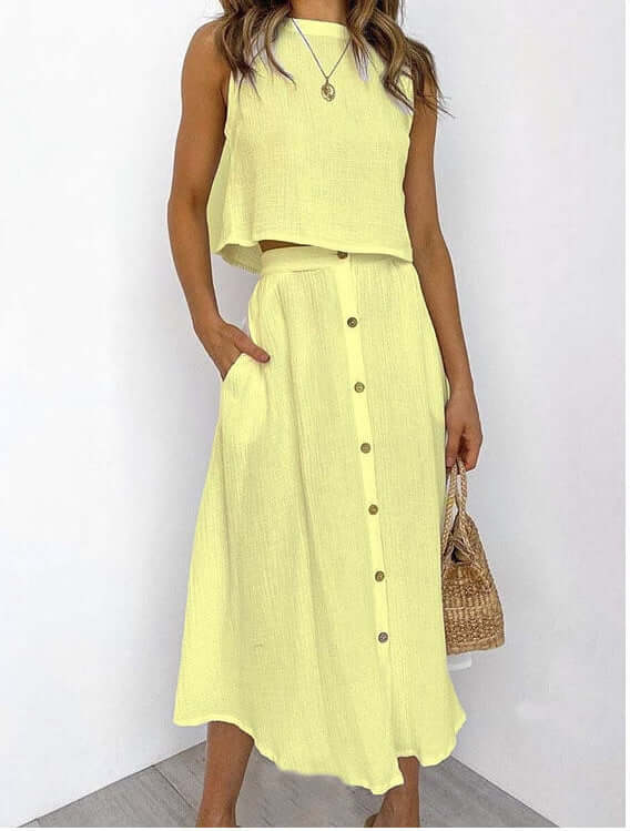 Women's Fashionable Simple Round Neck Vest Shirt Mid-length Dress Two-piece Suit eprolo