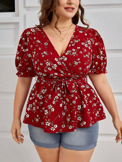 Women's Plus Size Summer Elegant V-Neck Floral Blouse - Office & Vacation Top With Belt eprolo