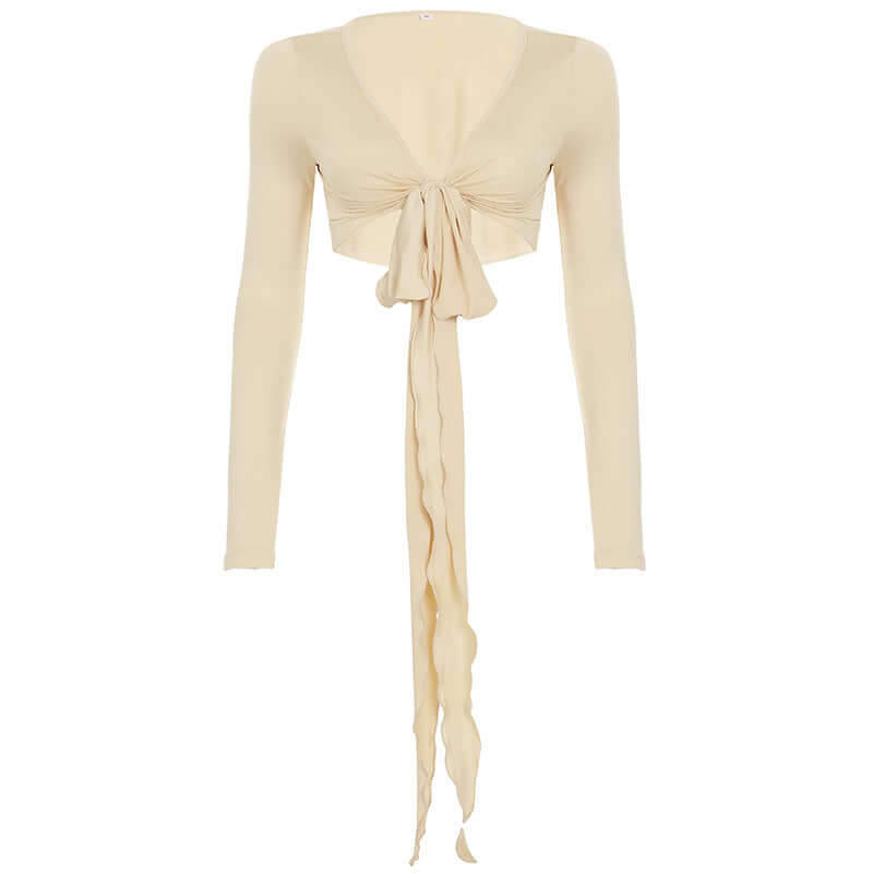 Pure Desire Strap Long-sleeved T-shirt Sexy Deep V-neck Short Blouse eprolo