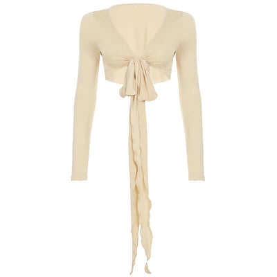 Pure Desire Strap Long-sleeved T-shirt Sexy Deep V-neck Short Blouse eprolo