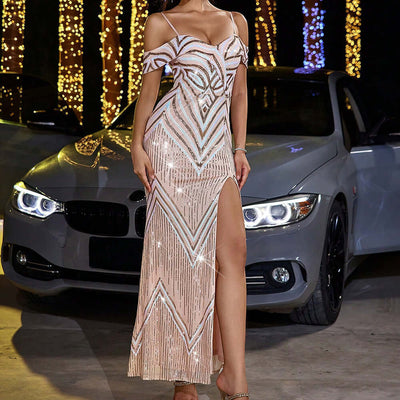 Elegant Sequined Slim Off-the-shoulder Strap Party Dress Dropshipman