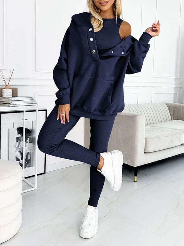 3pcs Women's Sports Suit Loose Hooded Pockets Sweatshirt And Vest And Slim Trousers eprolo