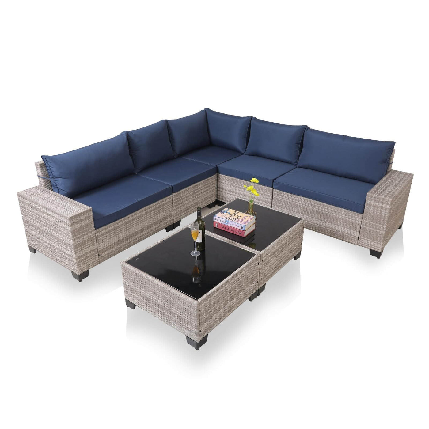 7-Piece Outdoor Patio Furniture Sets, All-Weather Wicker Rattan Sectional Sofa, Modern Two Glass Coffee Table And Washable Seat Cushion eprolo