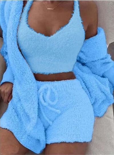 3pcs Womens Clothing Long Sleeve Crop Tank Top And Drawstring Shorts Pajama Set eprolo