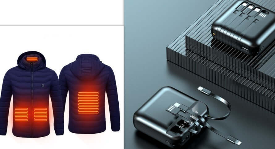New heated jacket with USB connector and battery pack, featuring glowing heating elements for warmth in winter.