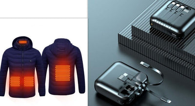 New heated jacket with USB connector and battery pack, featuring glowing heating elements for warmth in winter.