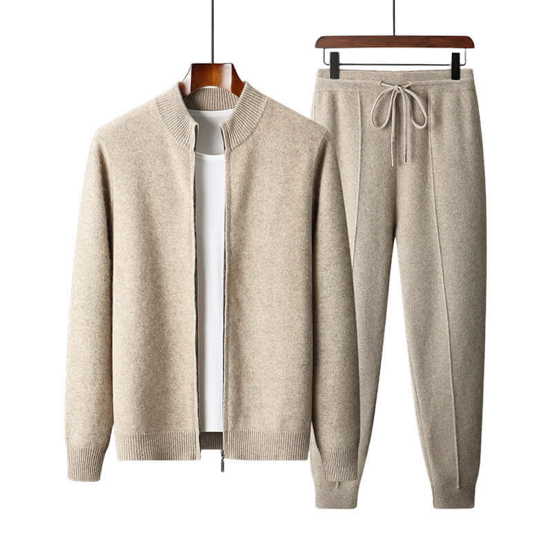 Men's warm camel wool cardigan and matching pants set for spring and autumn, ideal for casual commuting.