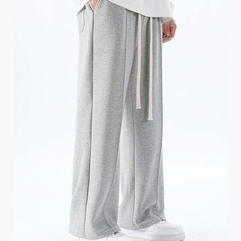 Loose tide brand wide-leg straight pants in flower ash color with pleat stitching and an elastic waistband.