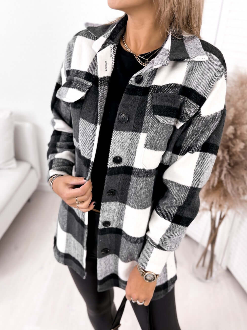 Long-sleeved Single-breasted Plaid Print Shirt Collar Woolen Jacket eprolo