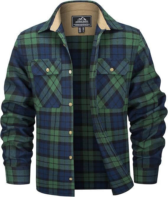 Men's green and navy plaid flannel button shirt, casual style for fall and winter, featuring two chest pockets.