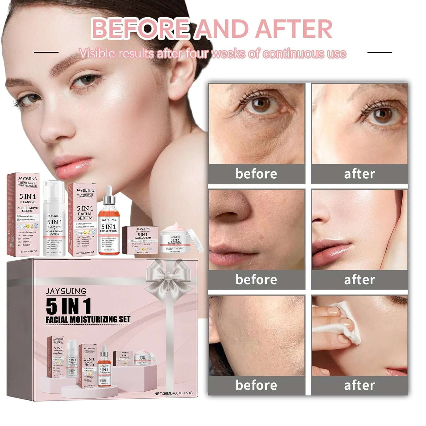 Jaysuing 5-in-1 facial moisturizing set Hydrating, moisturizing, deep moisturizing, whitening, brightening and firming skin eprolo