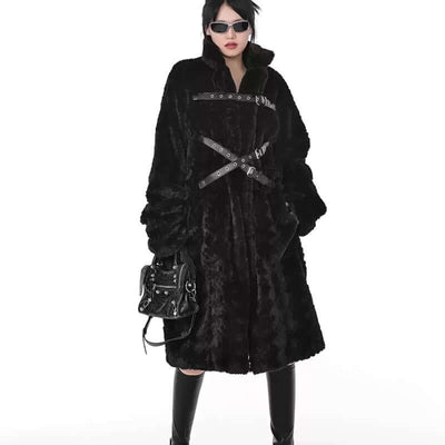 Dark style women's mid-length imitation fur plush coat with long sleeves and stand collar, featuring stylish straps.