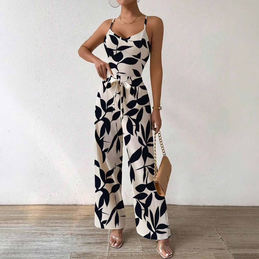 Fashion Floral Print Jumpsuit Elastic Waist Belt Jumpsuit eprolo