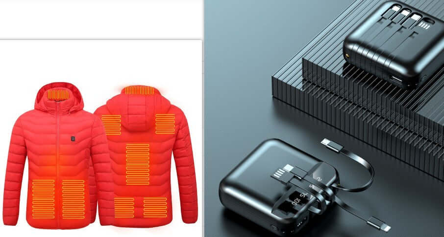 Red heated jacket showcasing heating zones, paired with a portable USB battery pack for easy warmth control.