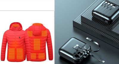 Red heated jacket showcasing heating zones, paired with a portable USB battery pack for easy warmth control.