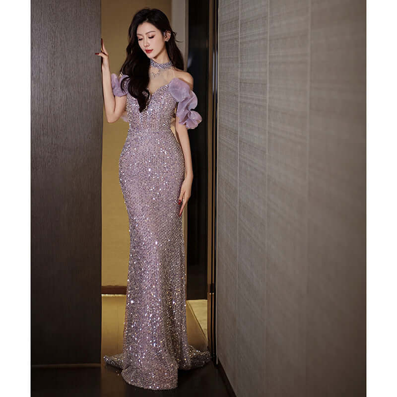 Elegant halter neck French-style maxi dress for women