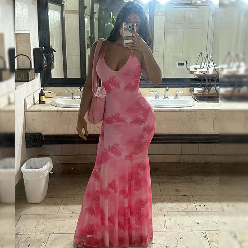 Casual Printed Backless Sling Slim Fishtail Length Dress Dropshipman