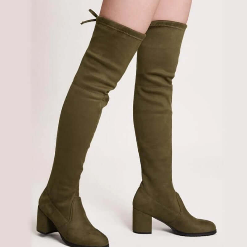 Mid-high chunky heel stretch boots in olive green, featuring a solid suede color and high cylinder design.