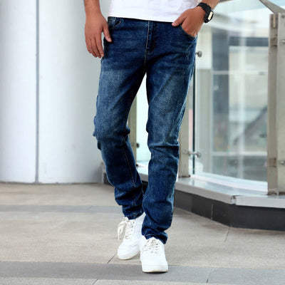 Slim fit stretch blue casual pants for men, featuring breathable denim fabric and small straight leg design.