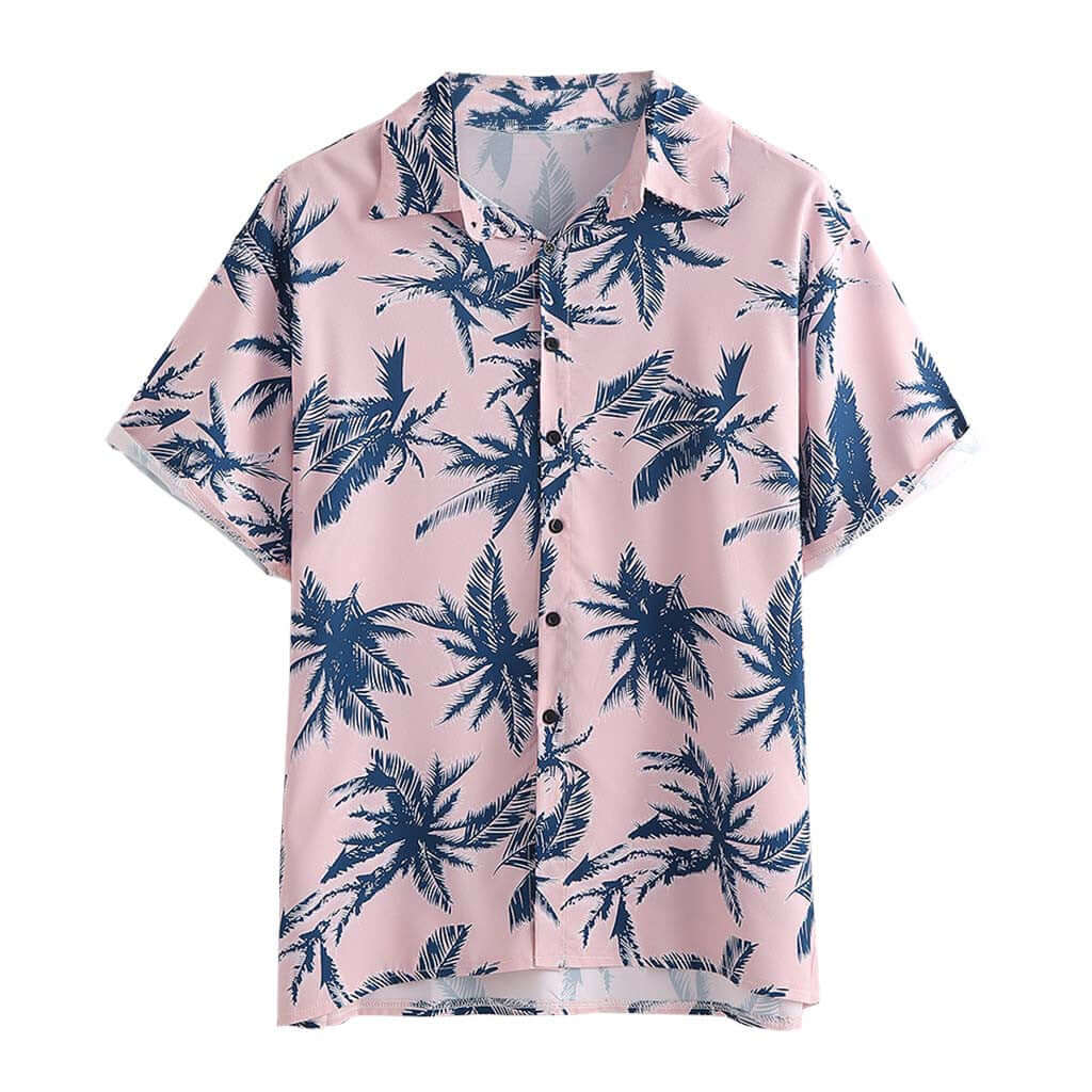 Men's pink short-sleeve shirt featuring a tropical palm leaf pattern, perfect for casual summer outings.
