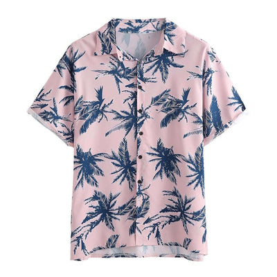 Men's pink short-sleeve shirt featuring a tropical palm leaf pattern, perfect for casual summer outings.