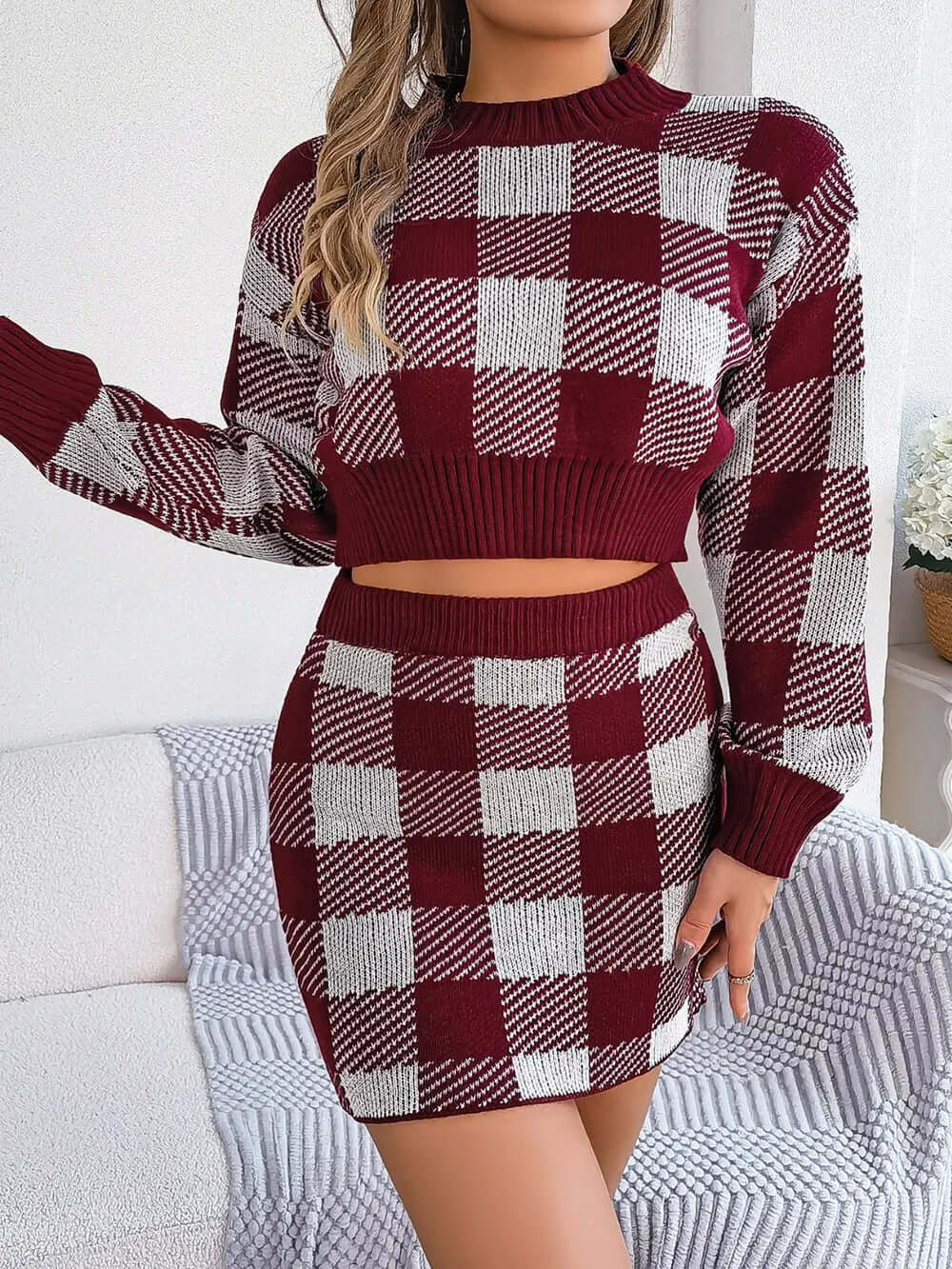 Plaid Round Neck Top and Skirt Sweater Set eprolo