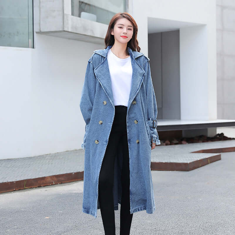 Loose Mid-length Coat With Belt Double Breasted Denim Women's Windbreaker eprolo