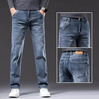 Men's blue loose straight stretch pants featuring mid waist and micro elasticity, ideal for teenagers, displayed in different views.
