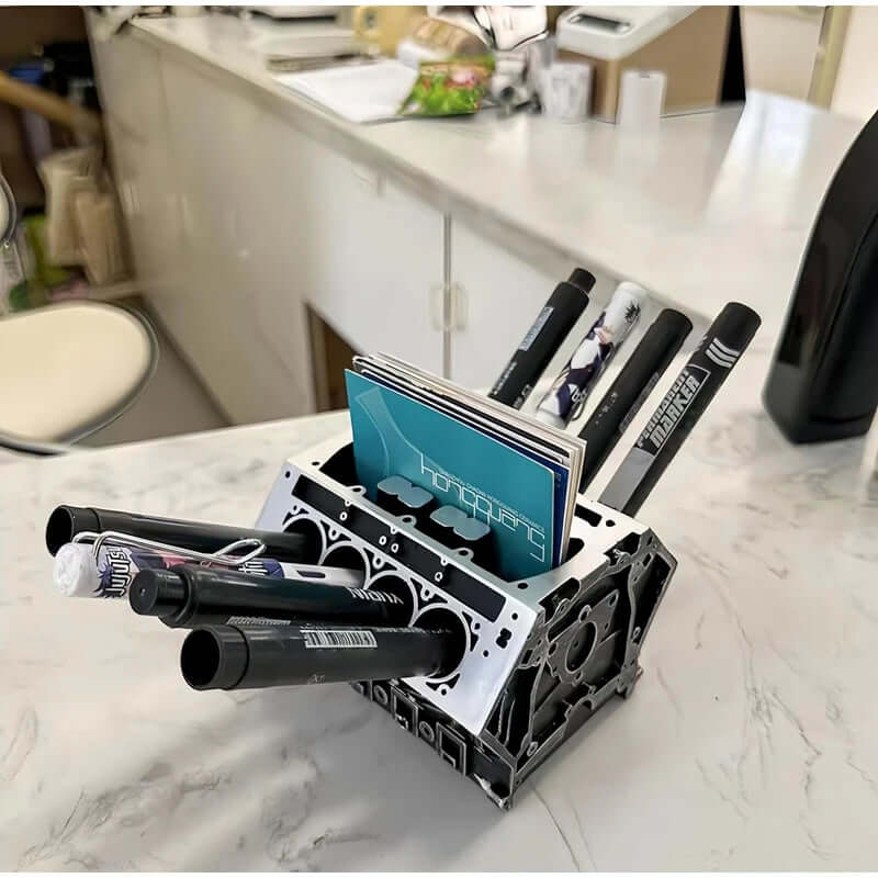 Engine Block Desk Organizer: Modern art for desktop/bookshelf. Holds business cards, a creative office accessory. eprolo