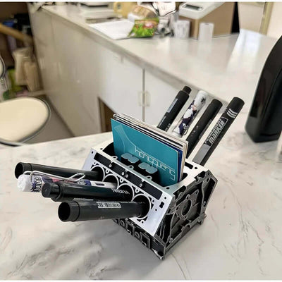 Engine Block Desk Organizer: Modern art for desktop/bookshelf. Holds business cards, a creative office accessory. eprolo