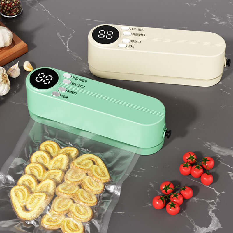 Beige cordless 3 - in - 1 food sealer. For dry/moist food, 4 bags. Seals chip bags, inflates items. eprolo