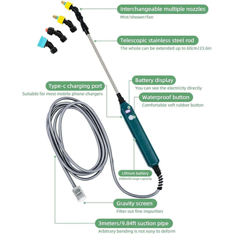 2400mAh Portable Electric Sprayer Wand. 3 nozzles, high - pressure, for garden plant watering. eprolo